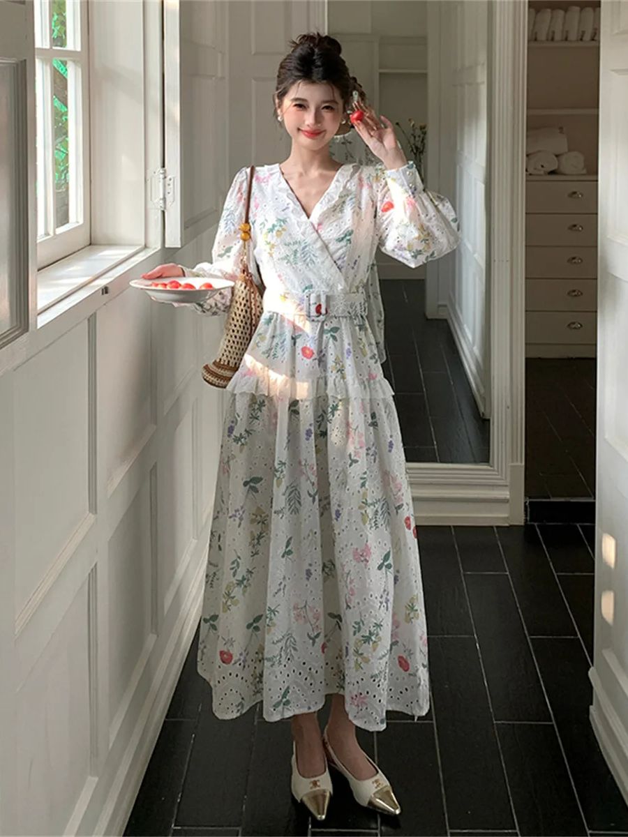 French Romantic Style Lantern  - đánh giá và giá French Vintage Floral Midi Dress