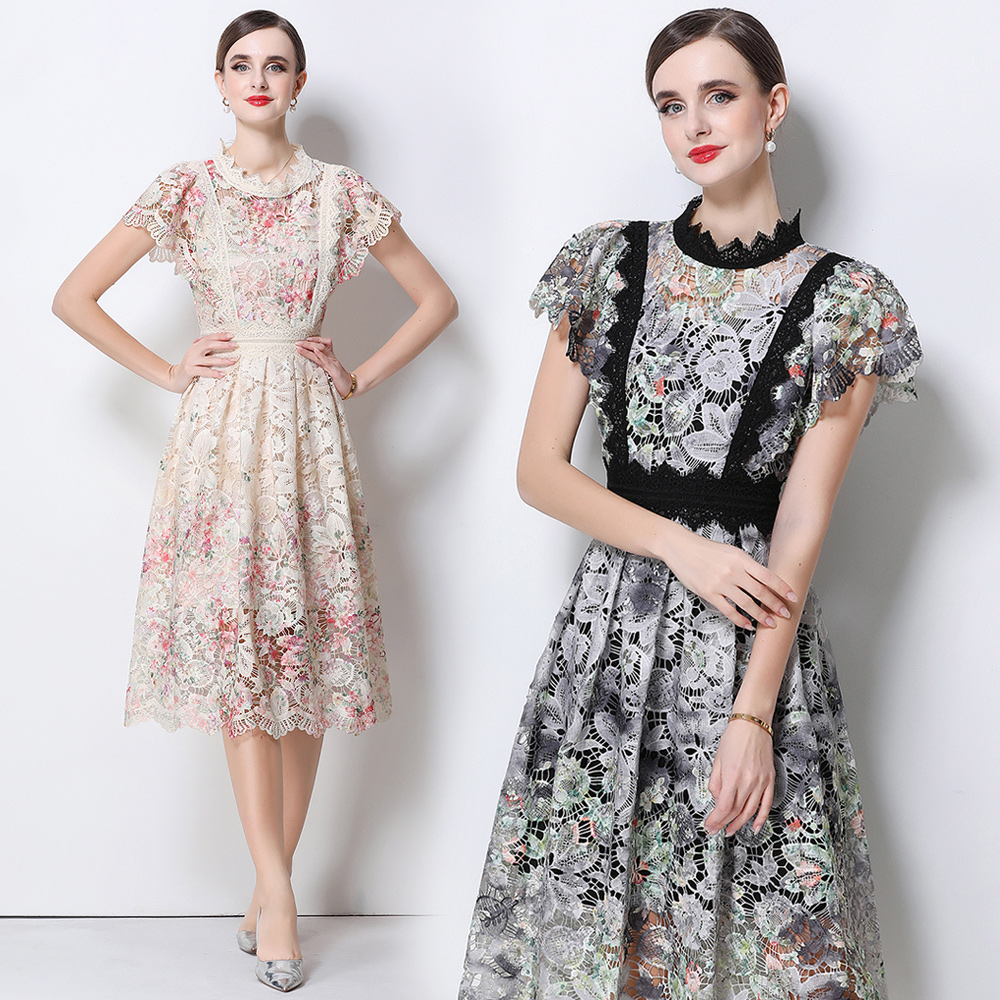 Elegant Lace Embroidery Hollow - đánh giá và giá French Vintage Floral Midi Dress
