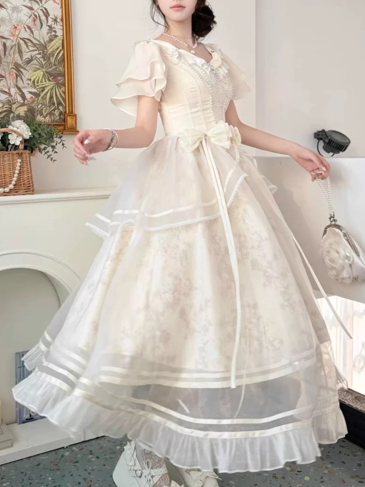 Forest Style Sweet Vintage Bow - đánh giá và giá French Vintage Floral Midi Dress