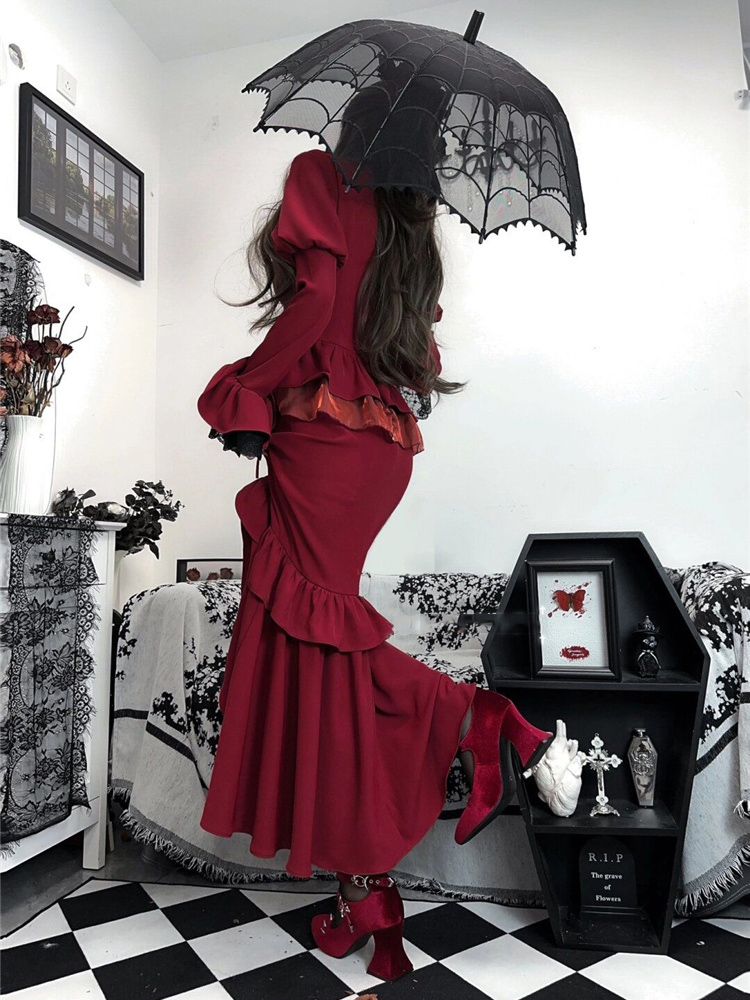 Spring Red Vintage Dress Women - đánh giá và giá French Vintage Floral Midi Dress