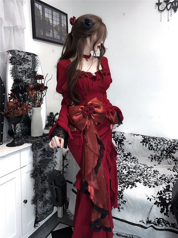 Spring Red Vintage Dress Women - đánh giá và giá French Vintage Floral Midi Dress