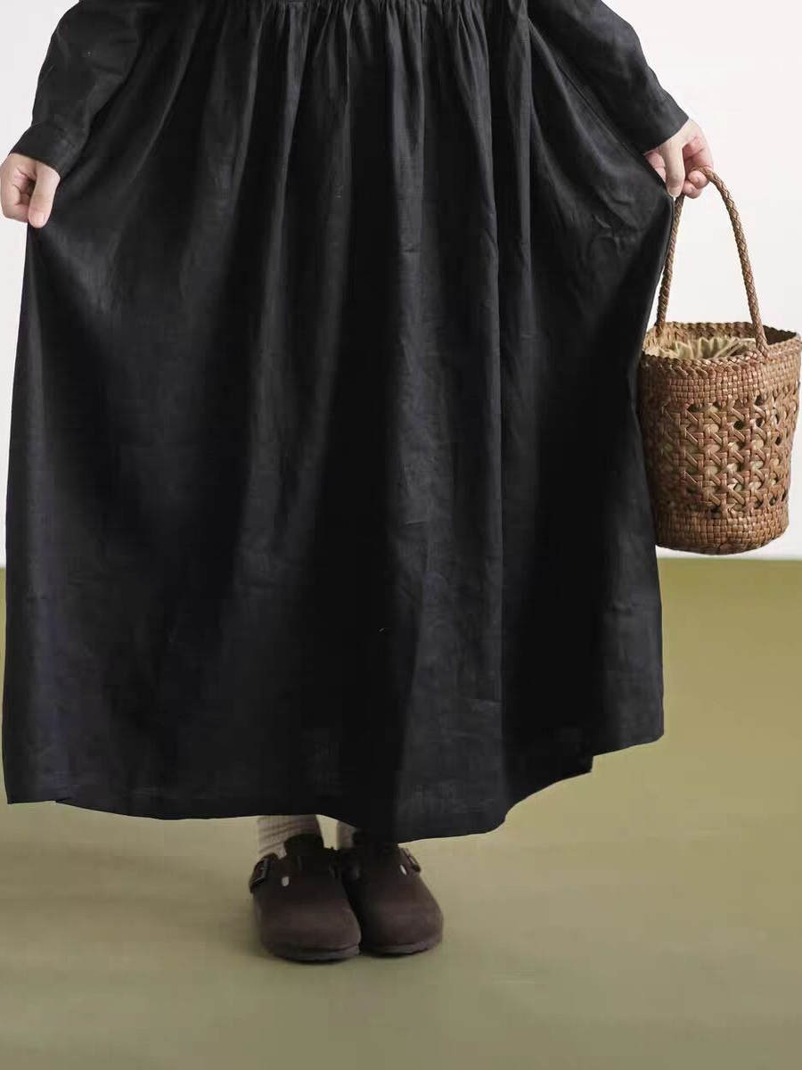 Black Lace Collar Long Sleeve  - đánh giá và giá Casual Loose Linen Shirt Dress