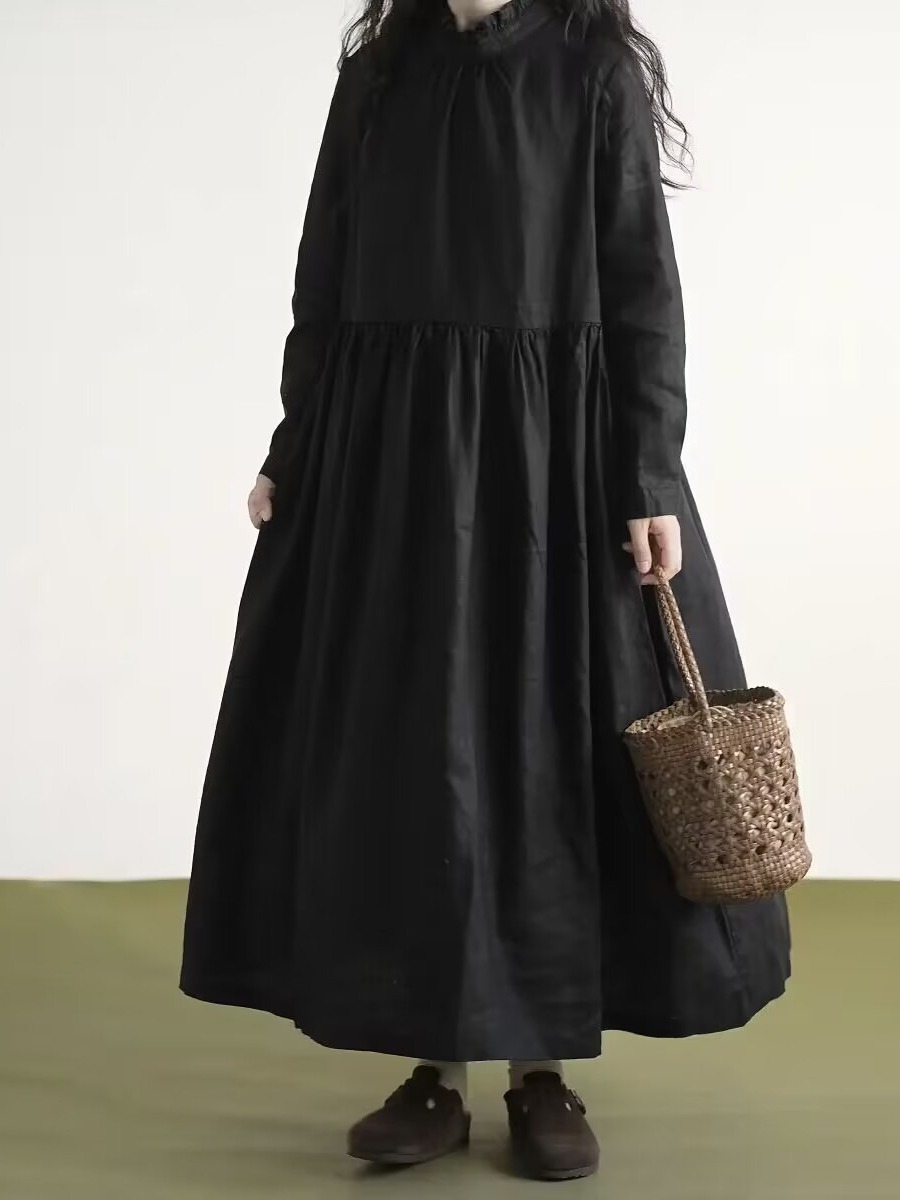Black Lace Collar Long Sleeve  - đánh giá và giá Casual Loose Linen Shirt Dress