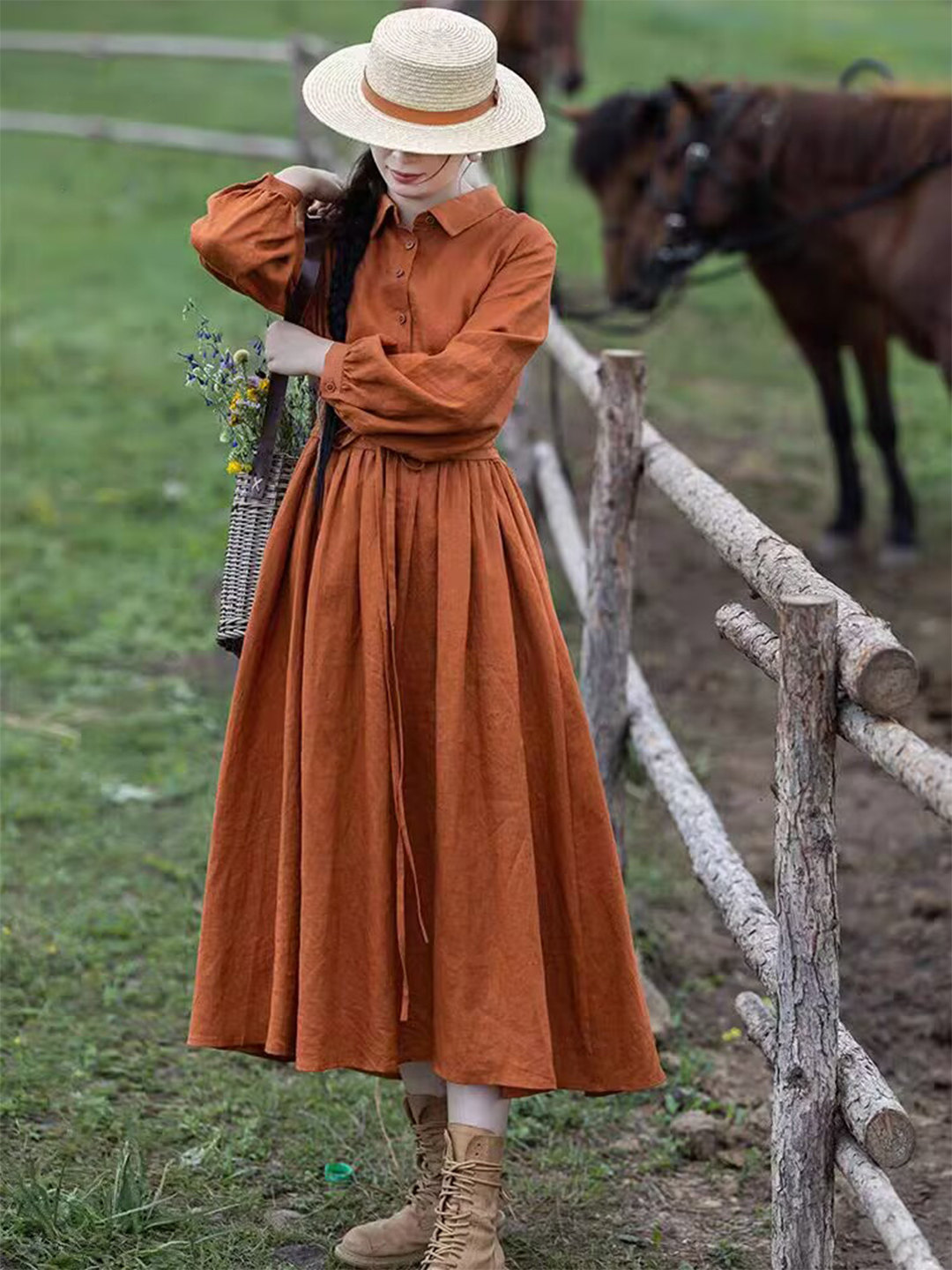 Women Orange Linen Maxi Dress  - đánh giá và giá Casual Loose Linen Shirt Dress