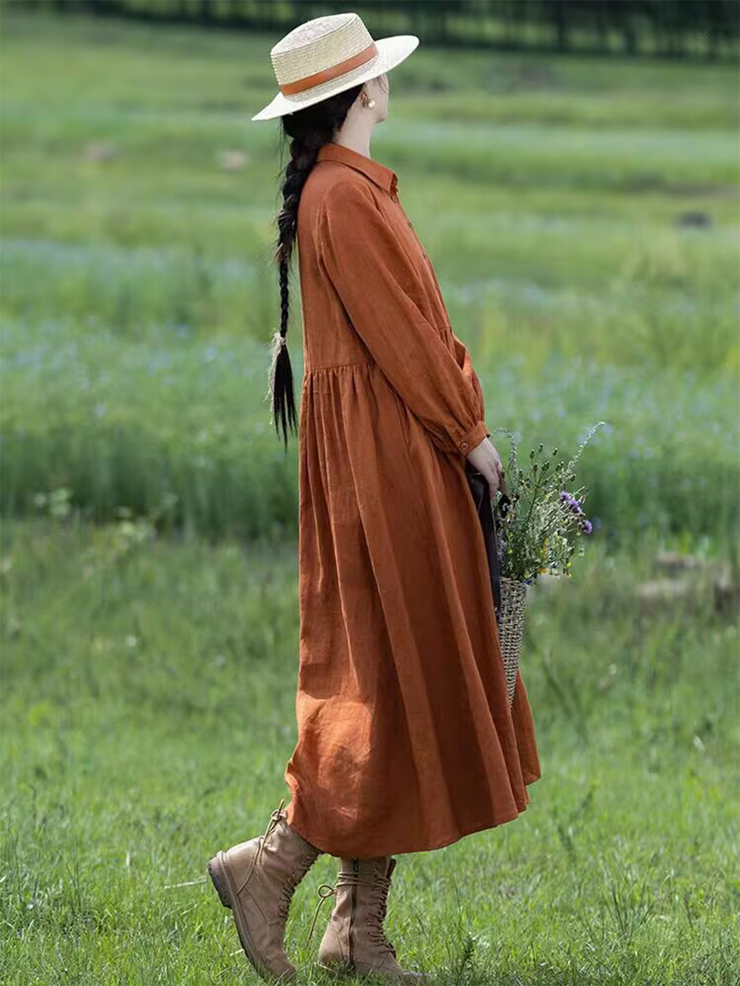 Women Orange Linen Maxi Dress  - đánh giá và giá Casual Loose Linen Shirt Dress