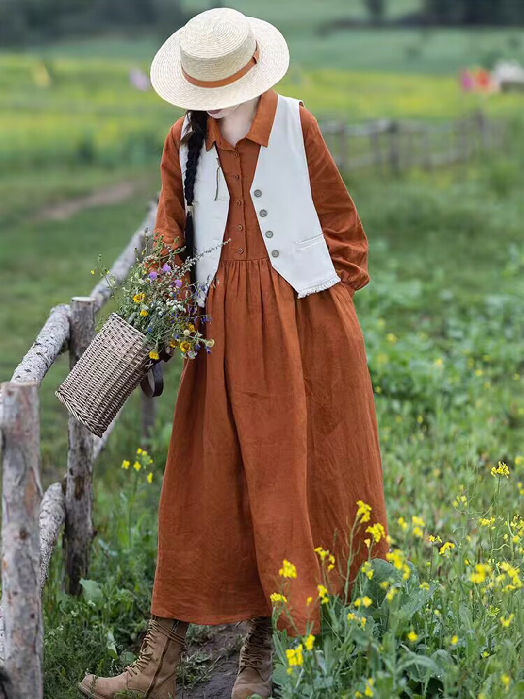 Women Orange Linen Maxi Dress  - đánh giá và giá Casual Loose Linen Shirt Dress