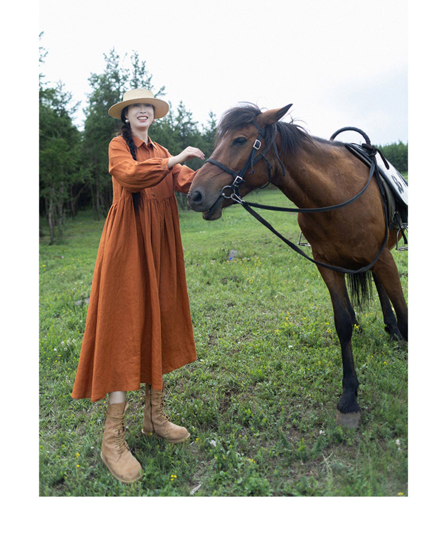 Women Orange Linen Maxi Dress  - đánh giá và giá Casual Loose Linen Shirt Dress